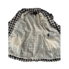 White shirt with black and white checkered collar on a white background