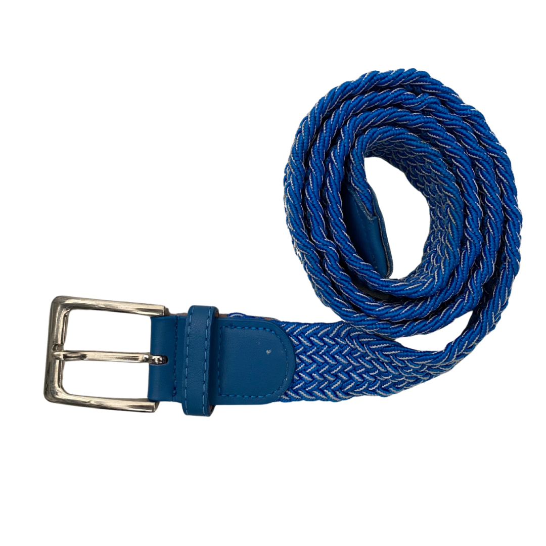 A vintage blue braided belt with a silver buckle and PU leather trim detail.