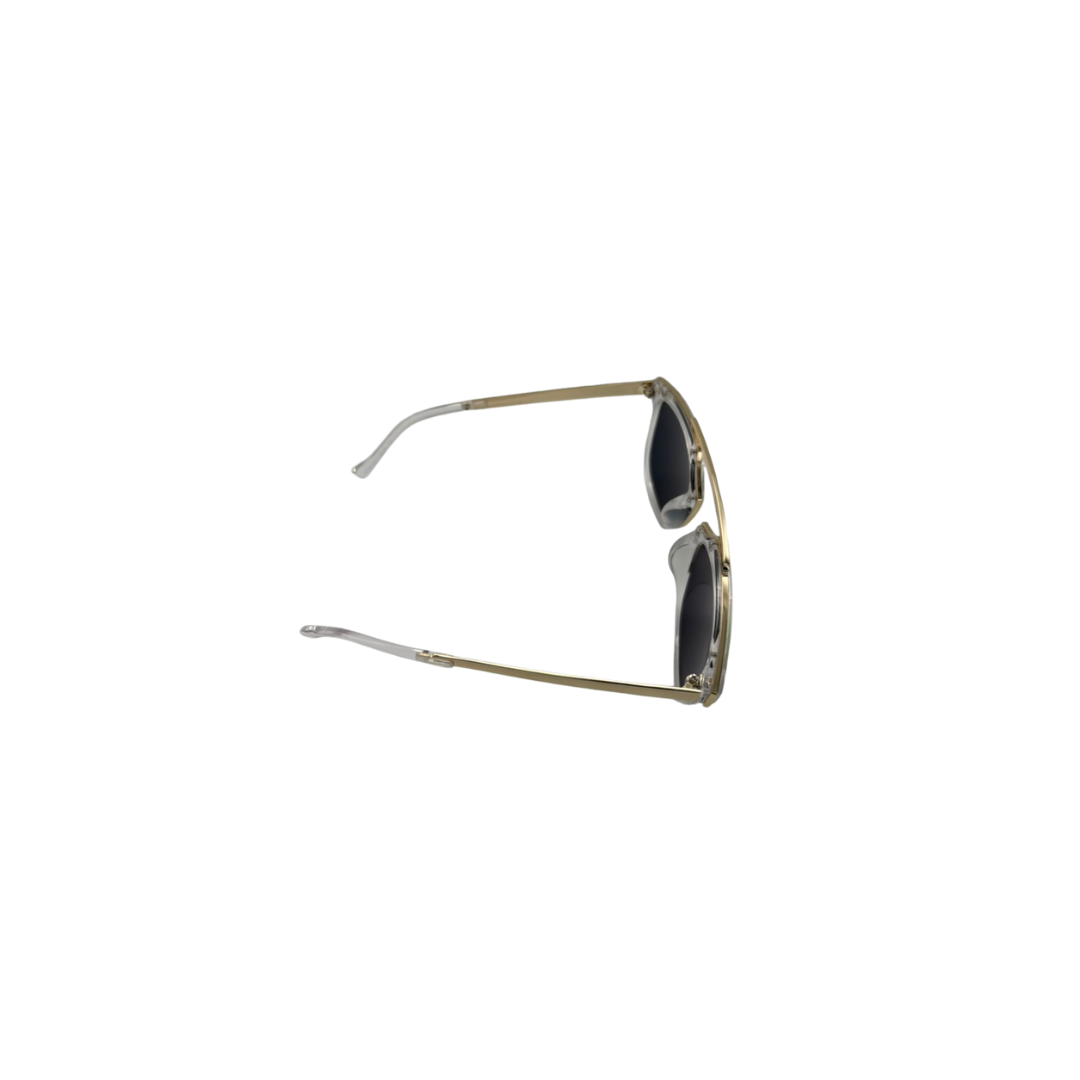 Sunglasses with gold frame and black lenses on a white background