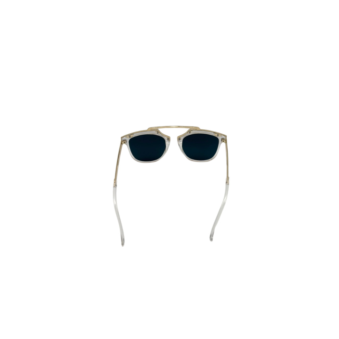 Sunglasses with dark lenses and thin frame on a white background