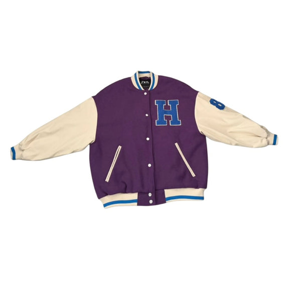 Zara Varsity Bomber Jacket Purple Cream Size L - New