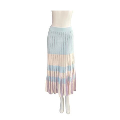 Stripe Pleated Knit Midi Skirt Multi SIZE L