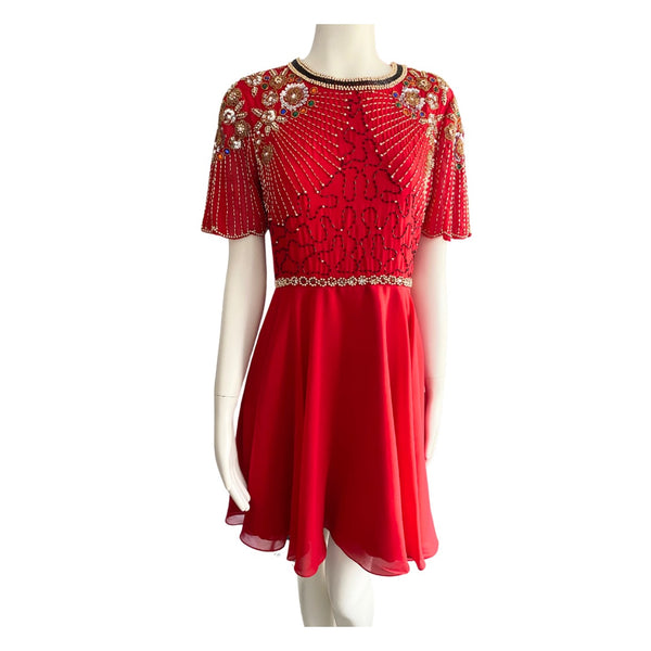 Virgo Lounge Fit and Flare Beaded Mini Dress Red SIZE 12