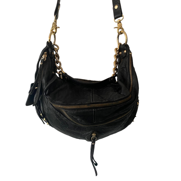 VINTAGE Leather Slouch Shoulder Bag Black