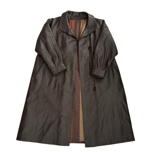 Leather Chevron Maxi Coat Brown Size 16 - Vintage