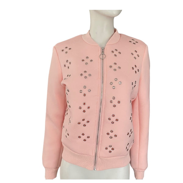 Studded Eyelet Quilted Bomber Jacket Pink SIZE M