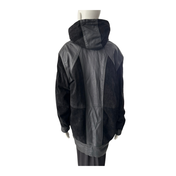 Contrast Panel Leather & Suede Hooded Coat Black Size L - Vintage