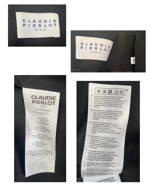Collage of Claudie Pierlot labels on black fabric background