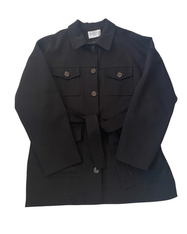 Black jacket with a belt on a white background