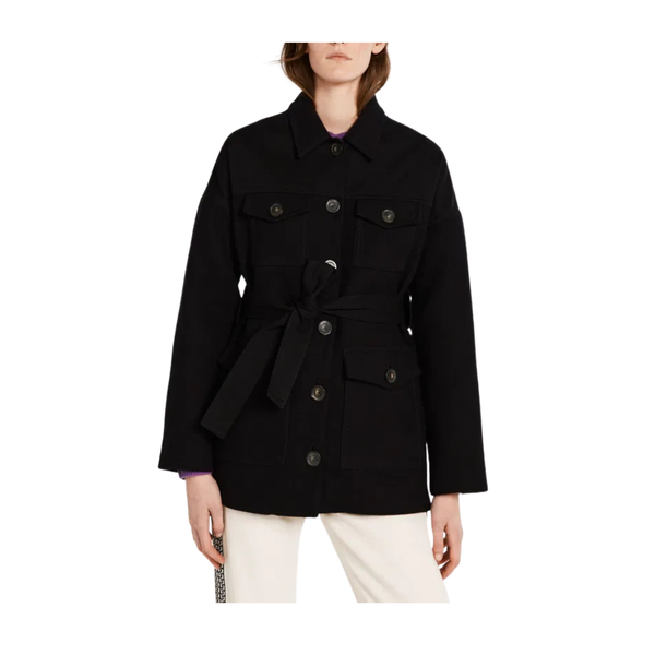 Black jacket worn by a person on a white background