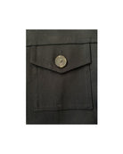 Close-up of a dark fabric pocket with a button on a white background