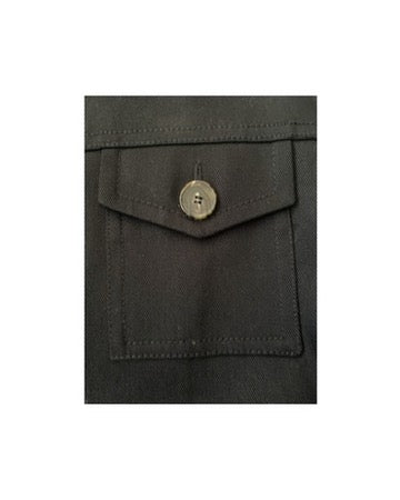 Close-up of a dark fabric pocket with a button on a white background