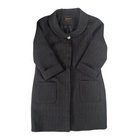 A black brocade coat with a round collar, button front fastening, and cuffed sleeves, displayed on a plain background.