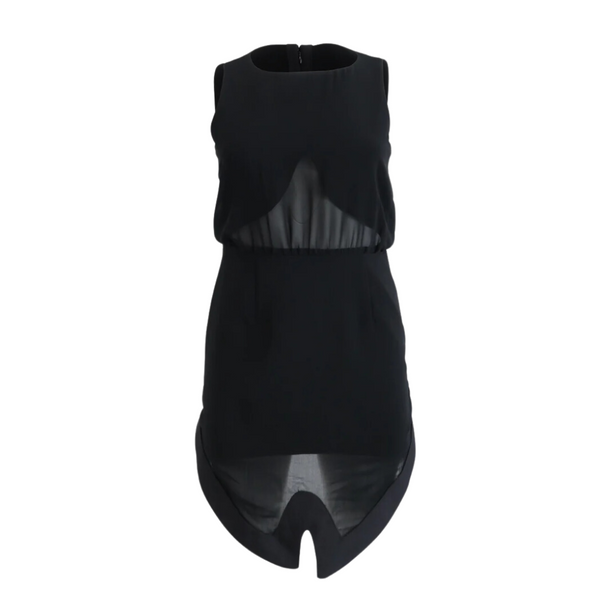 A sleeveless black pencil dress with sheer panels and a high-low hem. The dress features a fitted bodice and a zip back fastening.