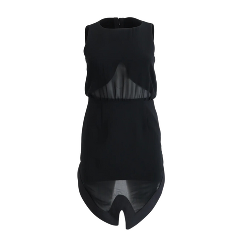 A sleeveless black pencil dress with sheer panels and a high-low hem. The dress features a fitted bodice and a zip back fastening.