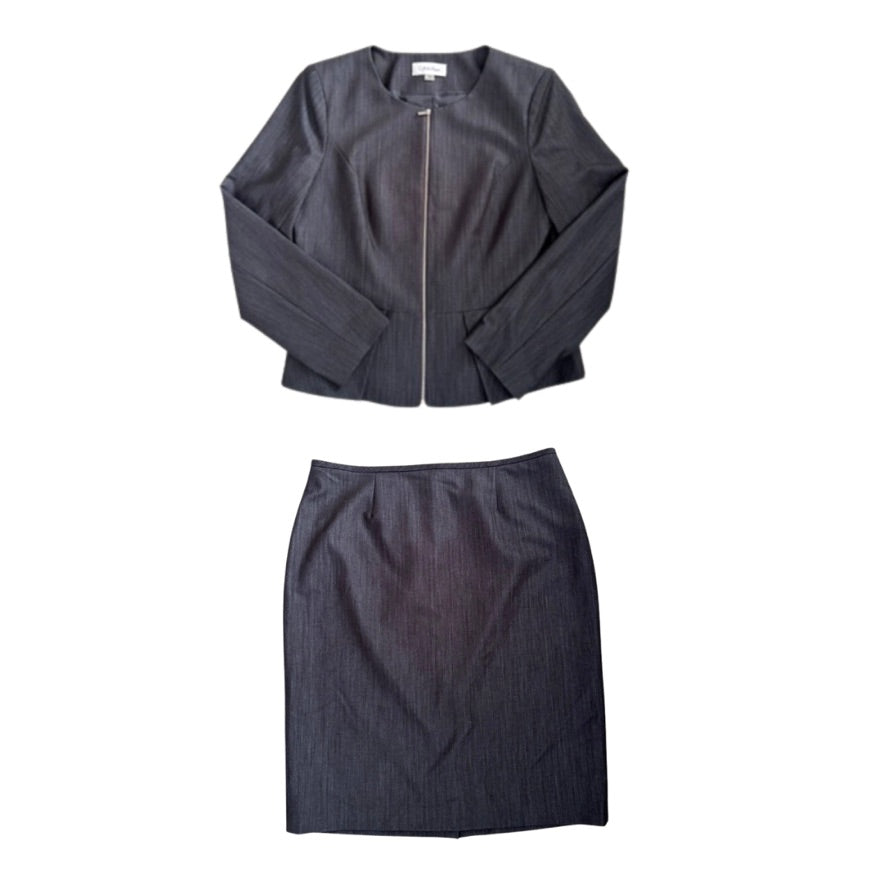 Dark gray jacket and skirt set on a white background