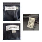 Collage of Calvin Klein labels on a garment with close-up details.
