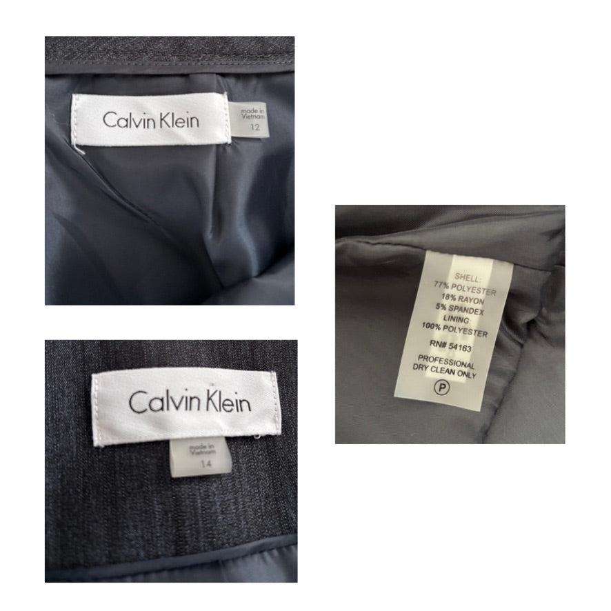 Collage of Calvin Klein labels on a garment with close-up details.