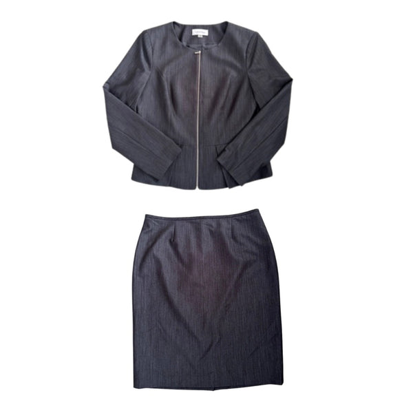 Dark gray jacket and skirt set on a white background