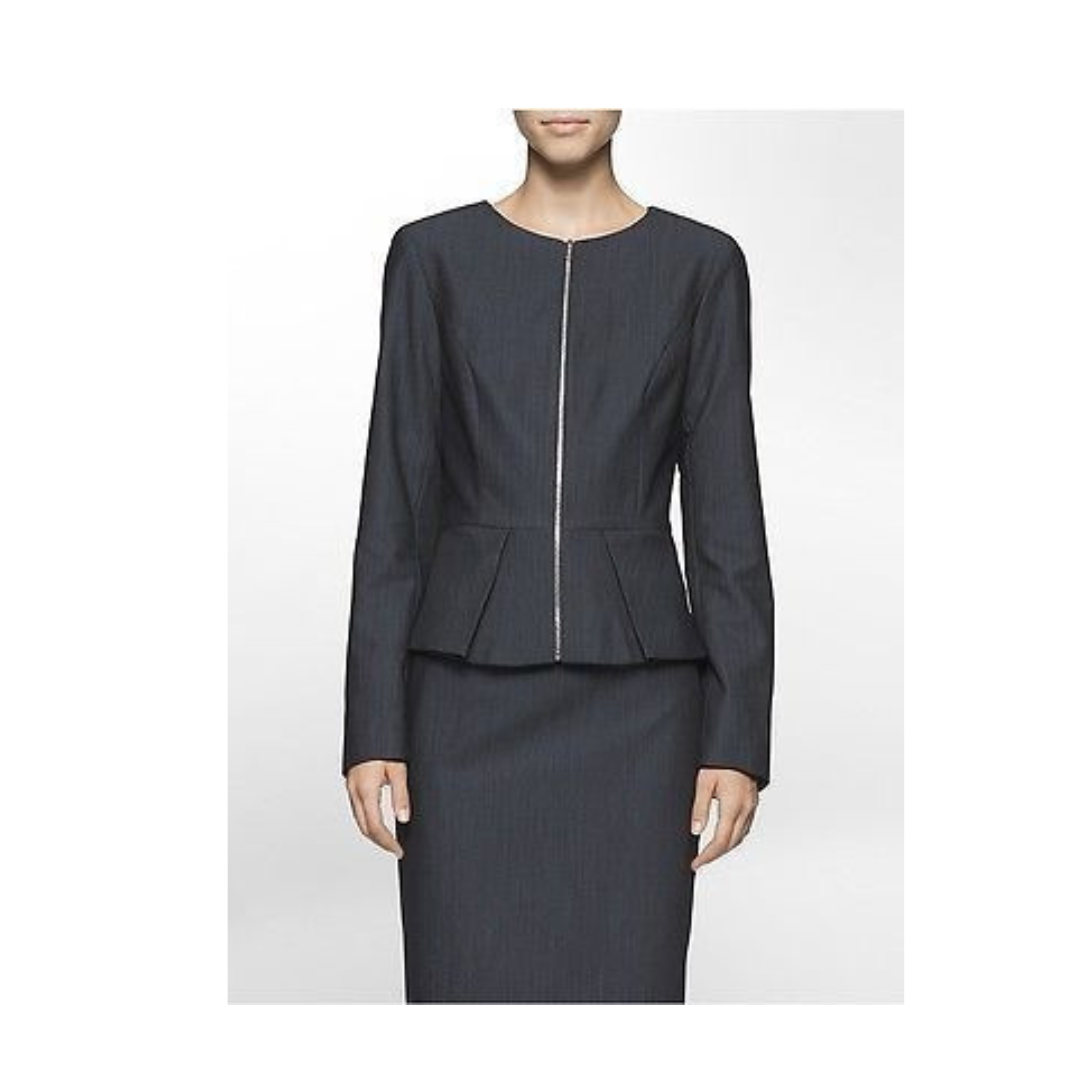 Dark grey suit with peplum top on a white background