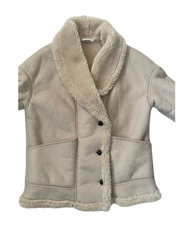 Beige shearling jacket with buttons on a white background