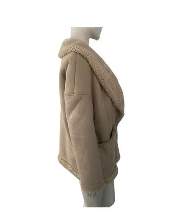 Beige fleece jacket with hood on a mannequin against a white background