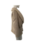 Beige fleece jacket with hood on a mannequin against a white background