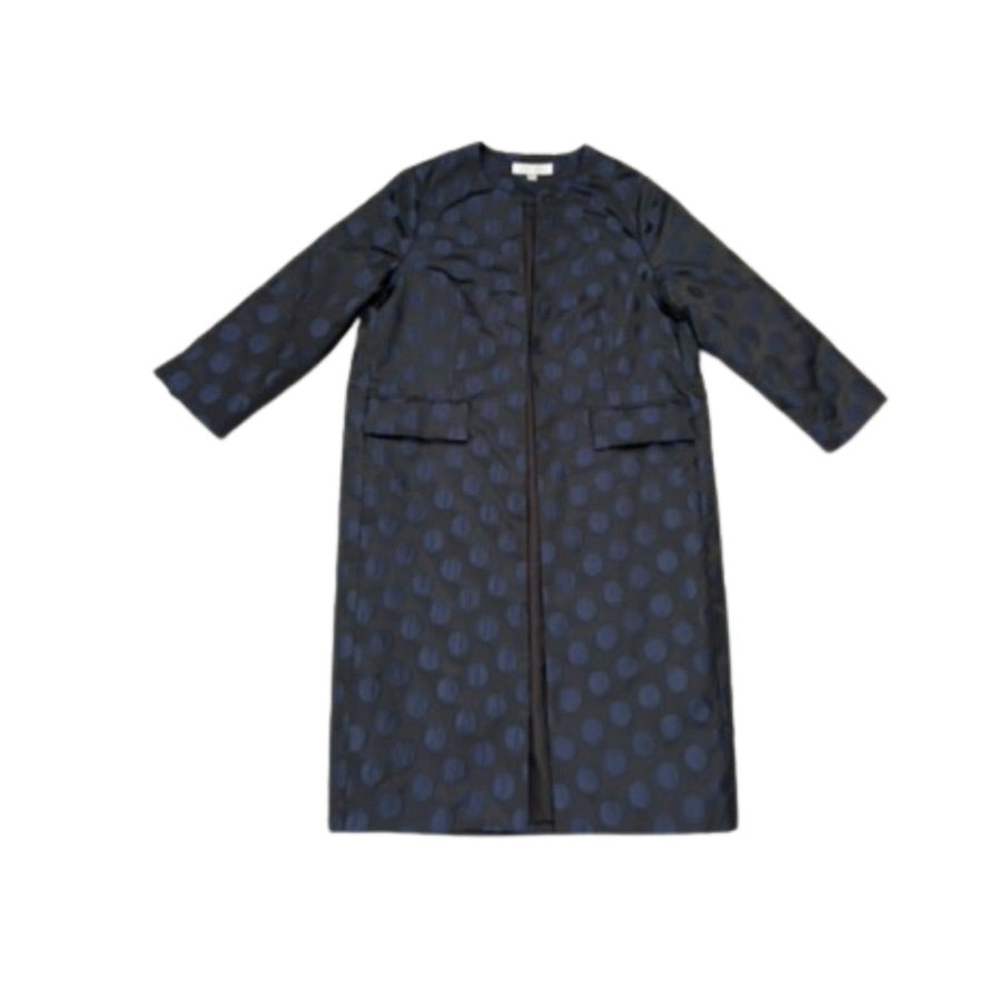 Navy coat with blue polka dot pattern on a white background