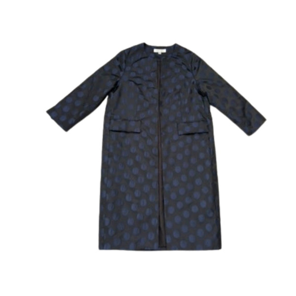 Navy coat with blue polka dot pattern on a white background