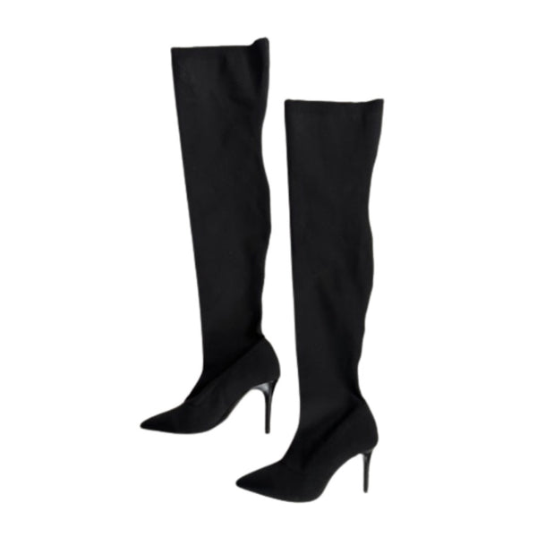 Black knee-high boots on a white background