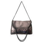 A metallic grey fold-over chain-link tote shoulder bag with dual handles and a full top zip closure.