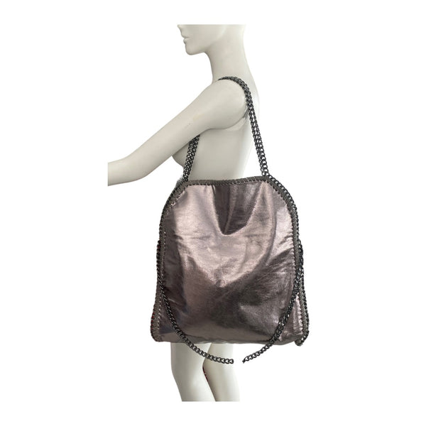 Chain Trim Shoulder Tote Bag Faux Leather Metallic Grey - New