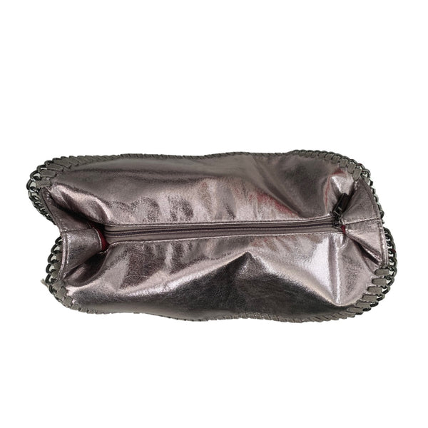 Chain Trim Shoulder Tote Bag Faux Leather Metallic Grey - New