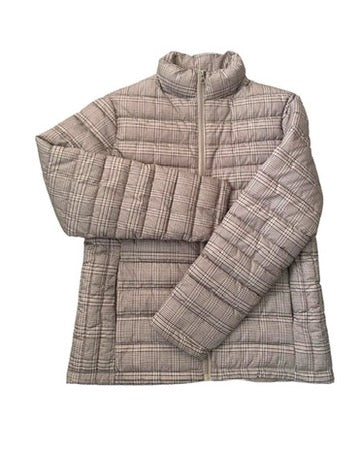 Plaid patterned puffer jacket on a white background