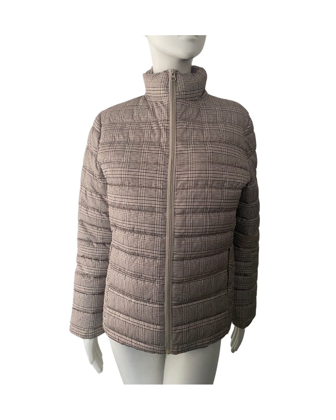 Plaid patterned jacket on a mannequin against a white background