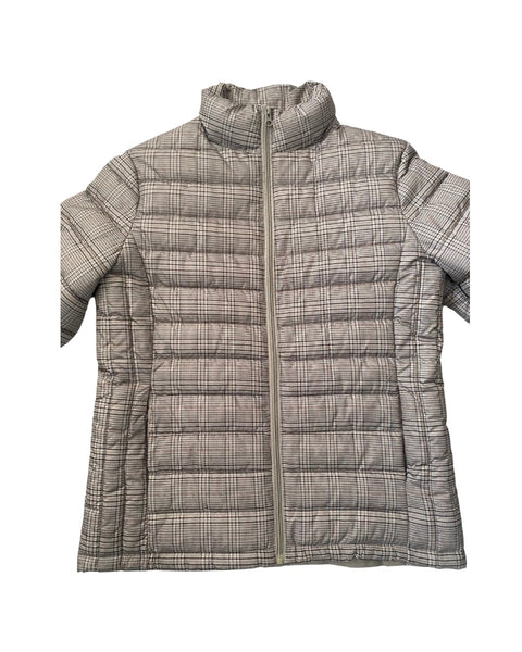 Plaid patterned puffer jacket on a white background