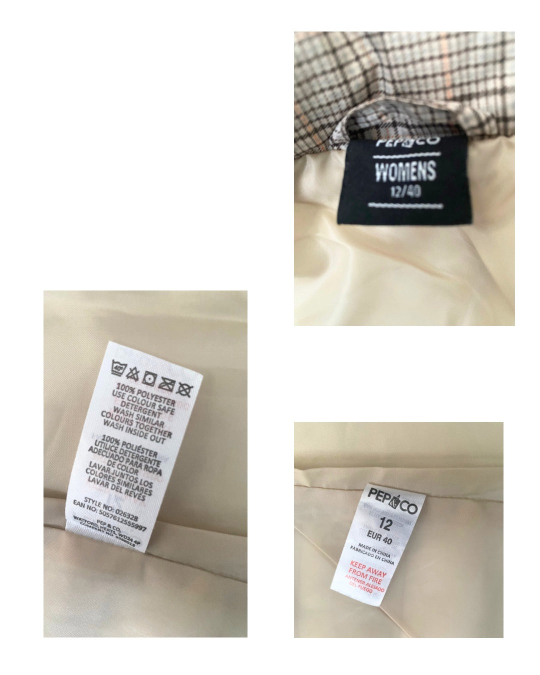 Close-up of clothing tags with brand names on a beige fabric background