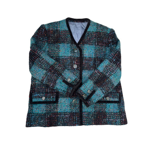 Check Wool Boxy Blazer Jacket Blue Turquoise Size L - Vintage