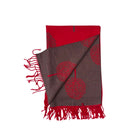 Red and grey scarf with fringe on a white background