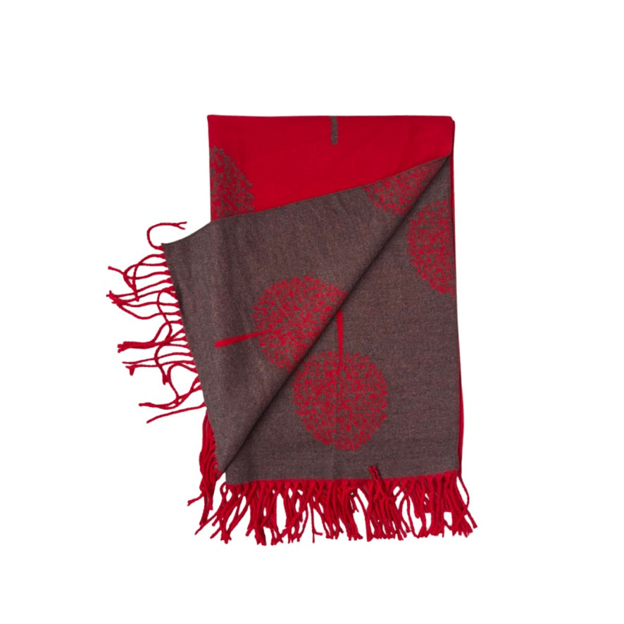 Red and grey scarf with fringe on a white background