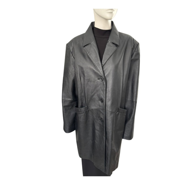 Black leather coat on a mannequin against a white background