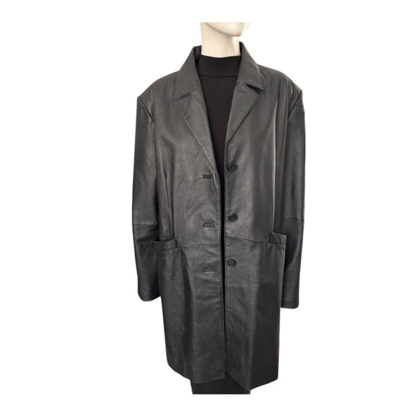 Black leather coat on a mannequin against a white background