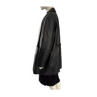 Black leather jacket on a mannequin against a white background