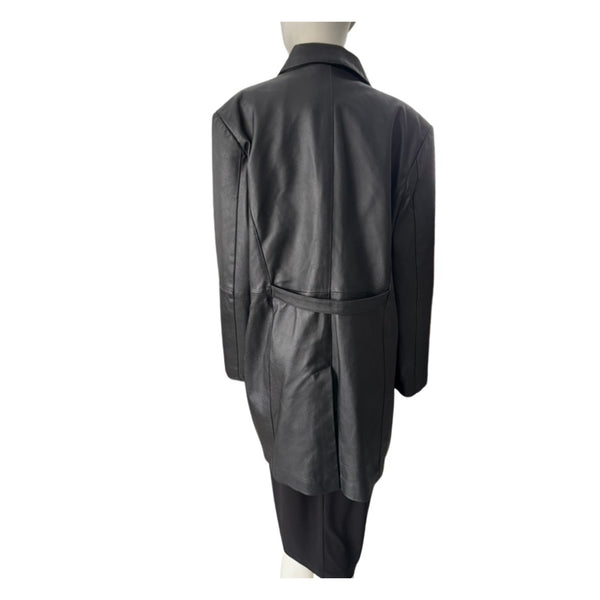 Black leather trench coat on a mannequin against a white background