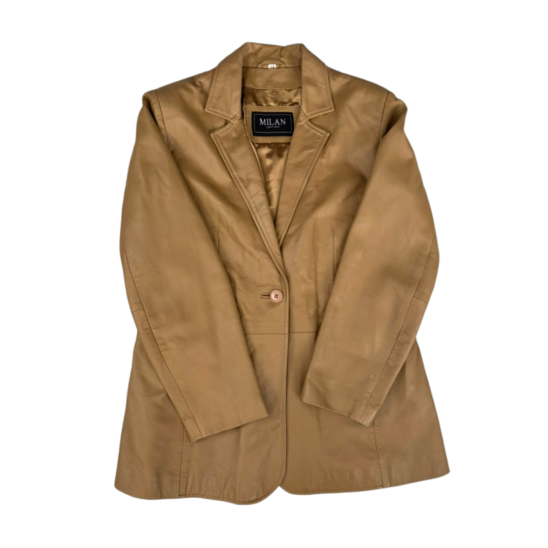 Tan jacket with a visible brand label on a white background