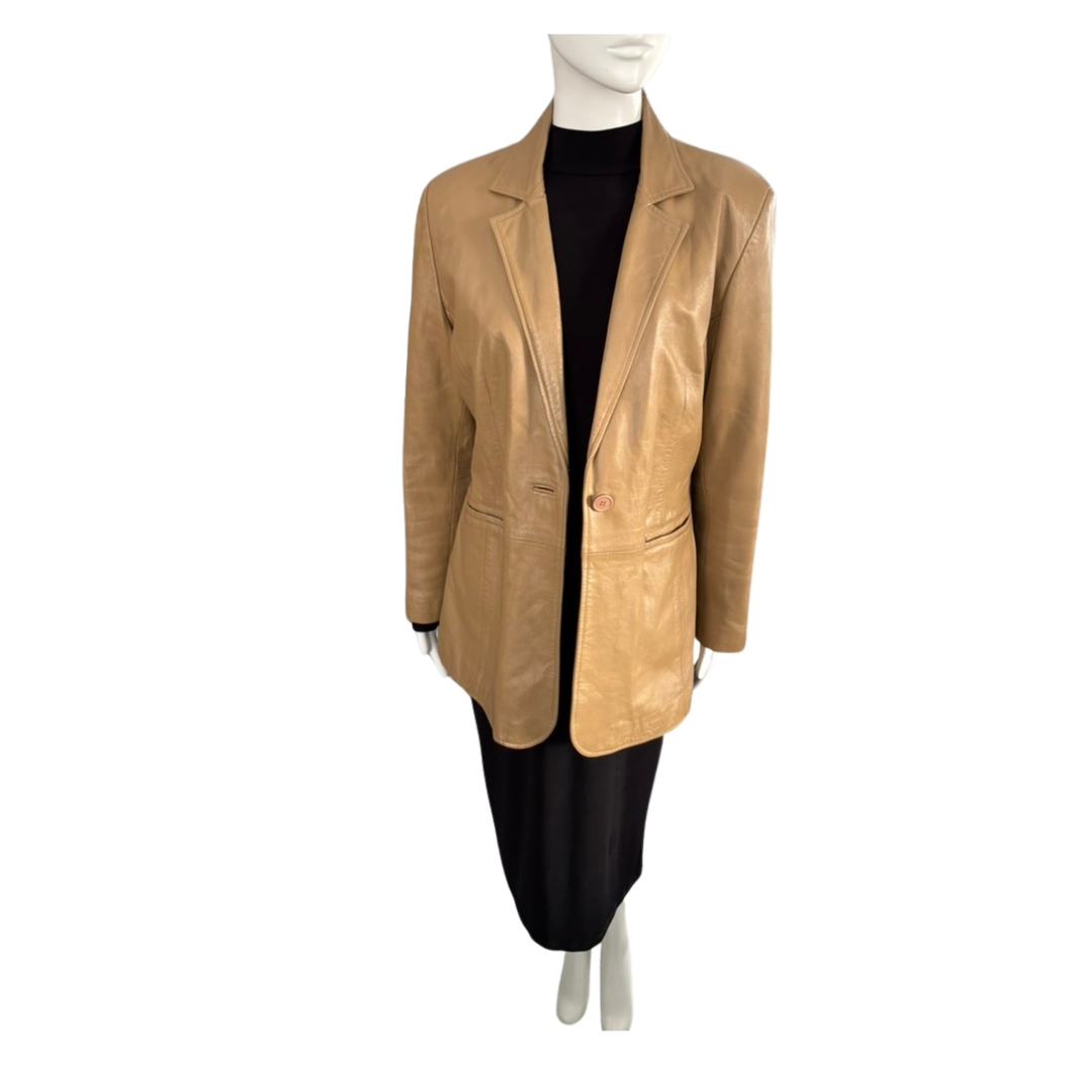 Tan leather jacket on a mannequin against a white background