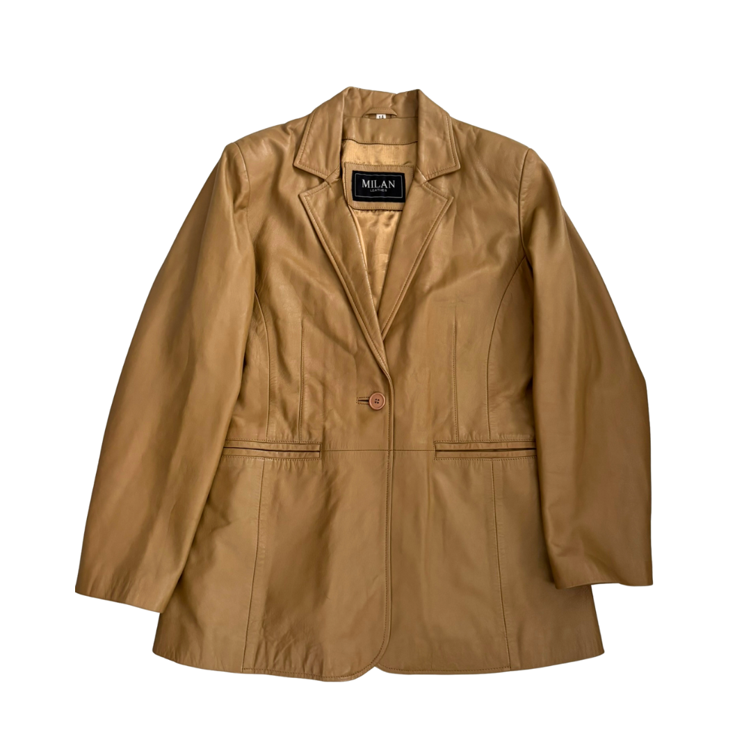 Brown jacket with a visible brand label on a white background