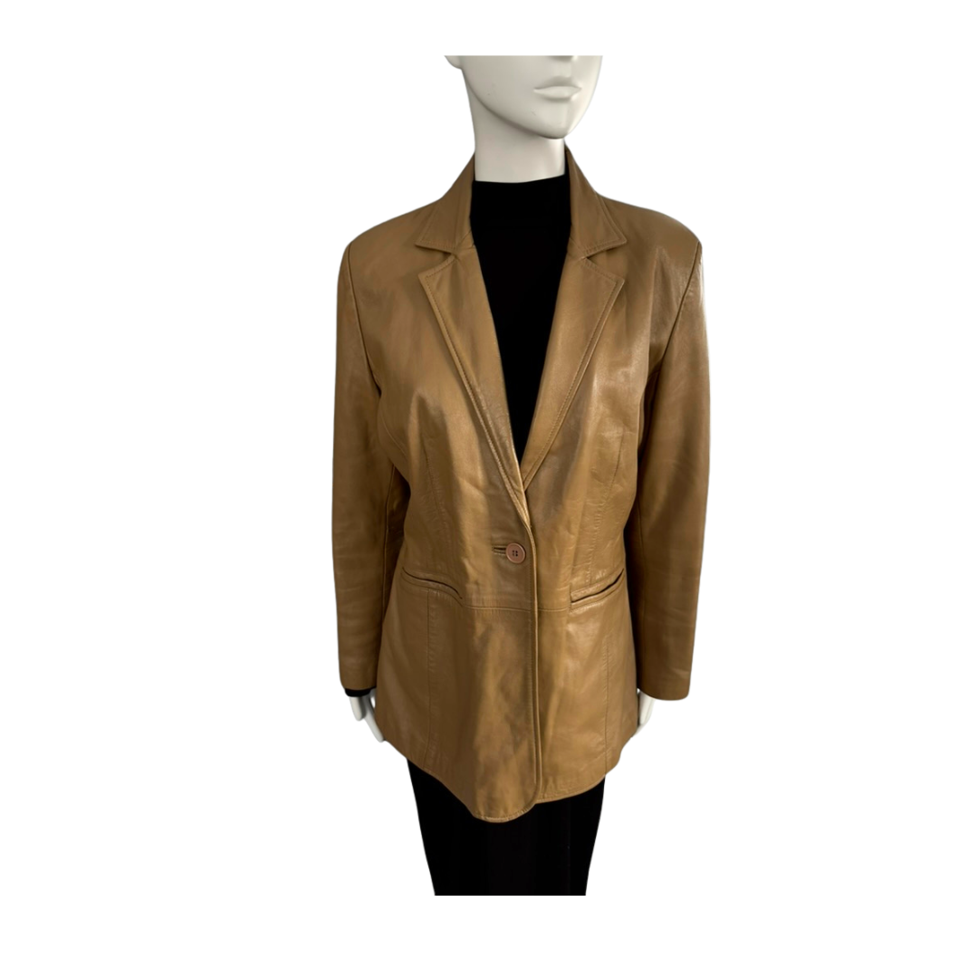 Brown leather jacket on a mannequin against a white background