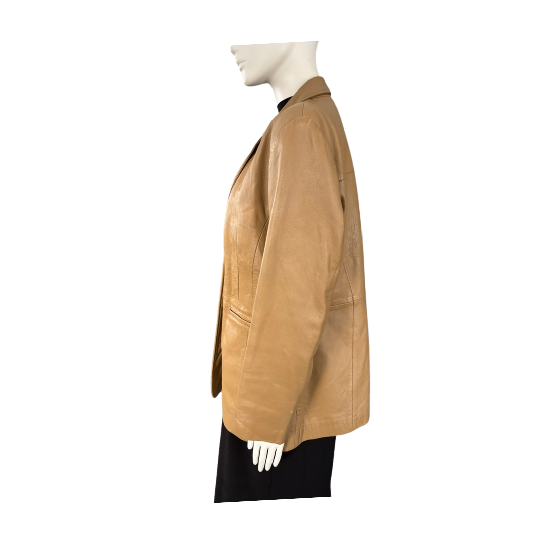 Tan leather jacket on a mannequin against a white background