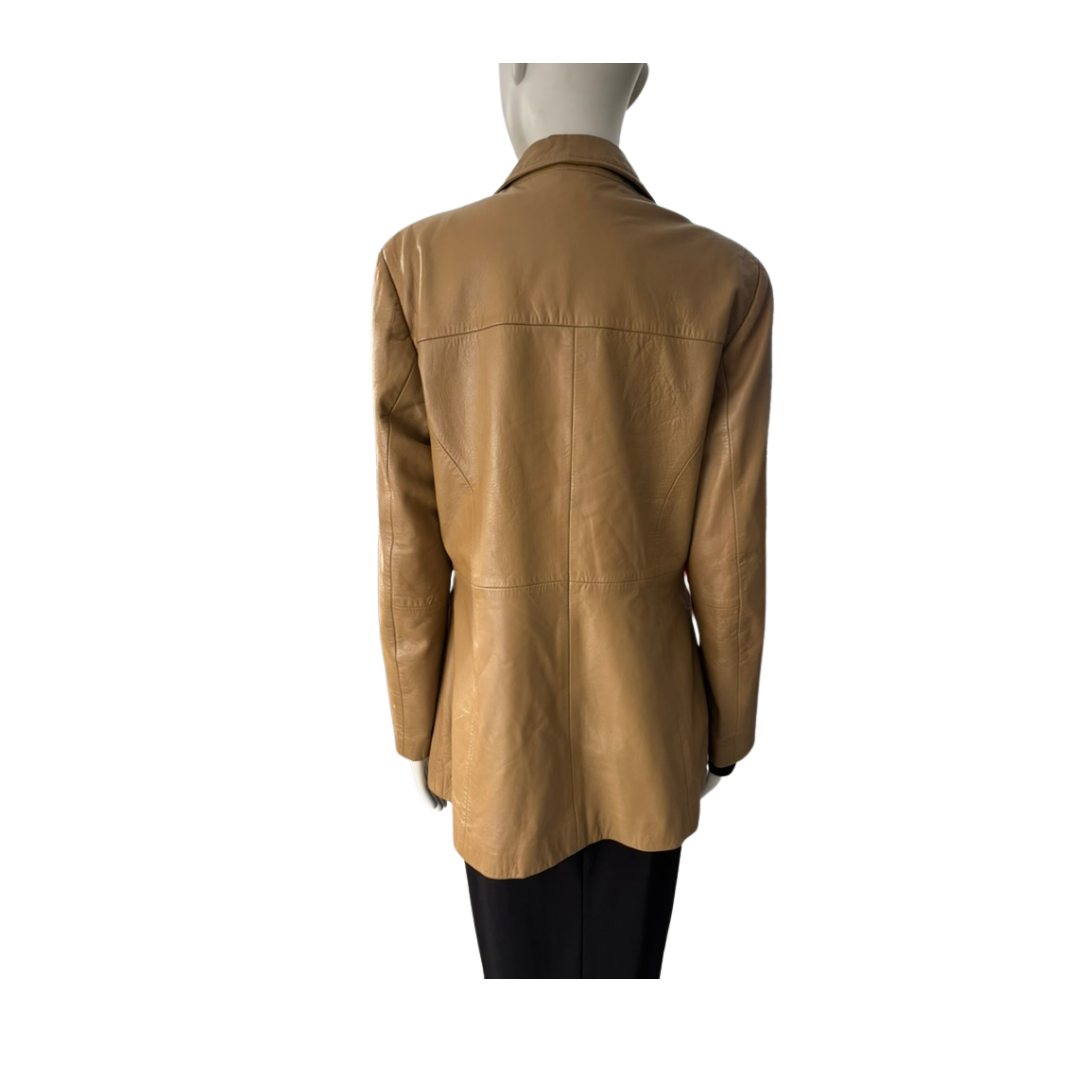 Tan leather jacket on a mannequin against a white background